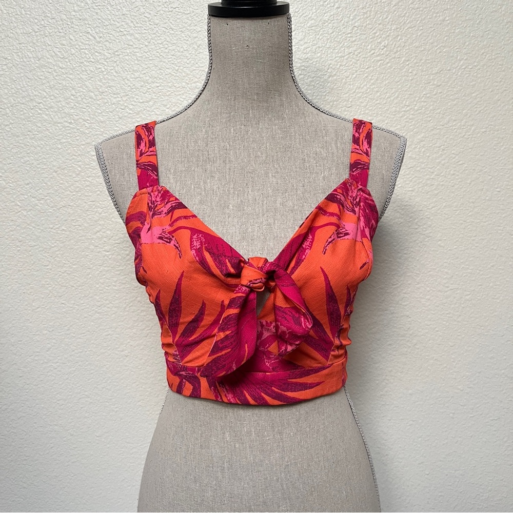 Flying Tomato Orange Tropical Tie-Front Crop Top, size Medium